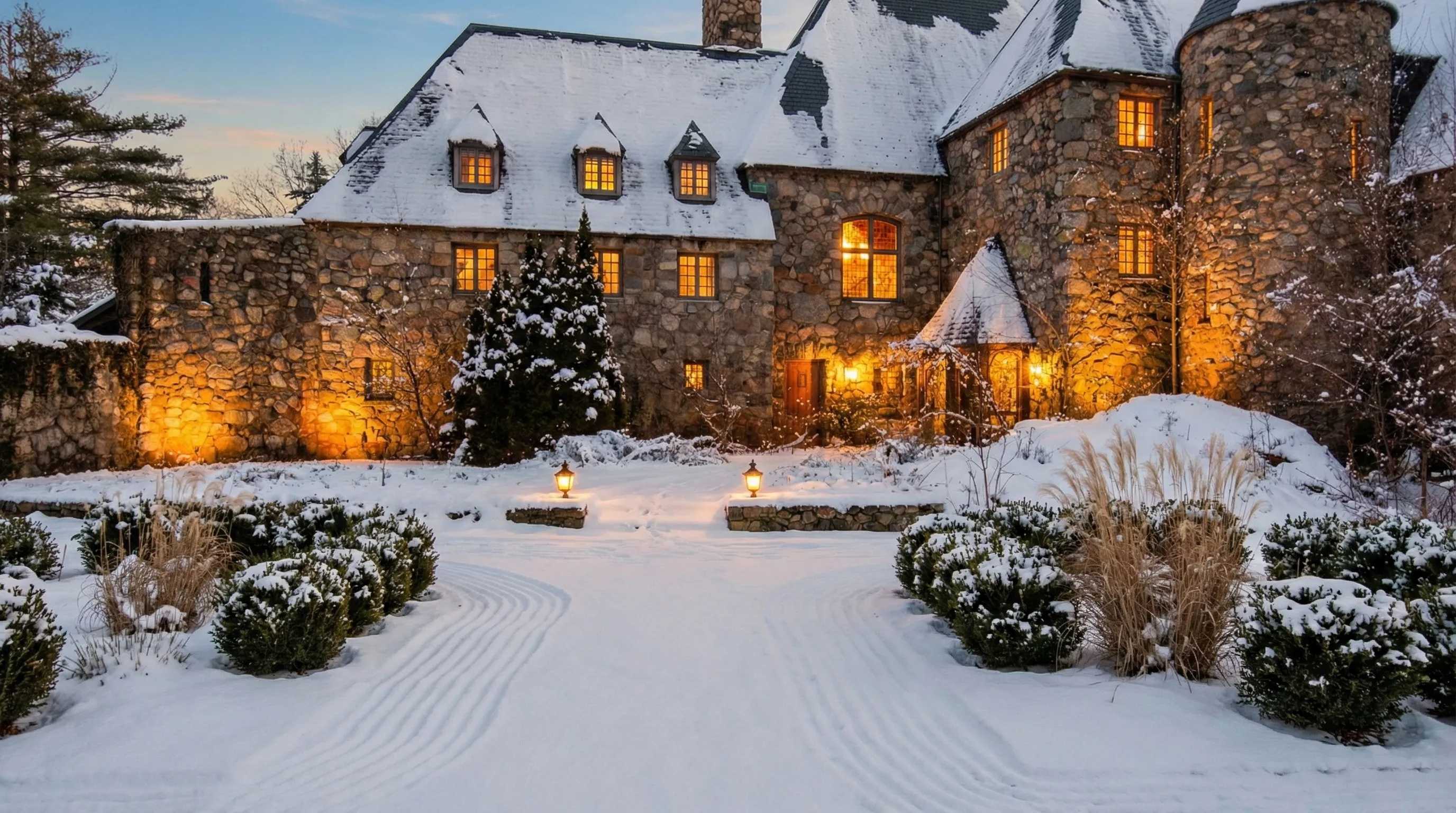 Castle in winter — stone facade with warm window light, fresh snow on the approach